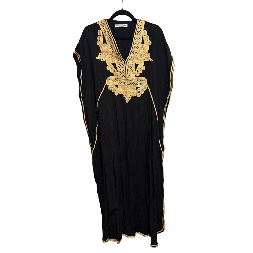 Maison De Marrakech Kaftan Black Gold Embroidered V-Neck Maxi Dress OS